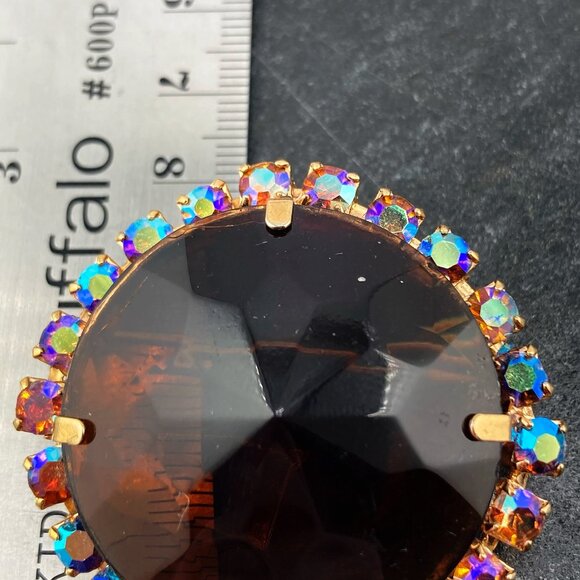 VINTAGE Big rhinestone and brown glass stone brooch ~ 1950s 1960s statement pin - Picture 3 of 9